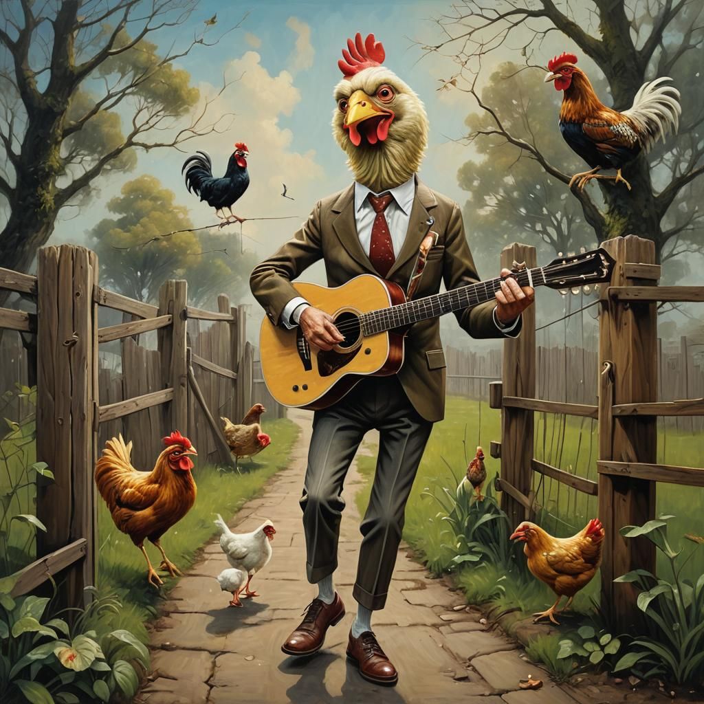 Mr. Bean Chicken Hybrid Strutting, Oil on Canvas