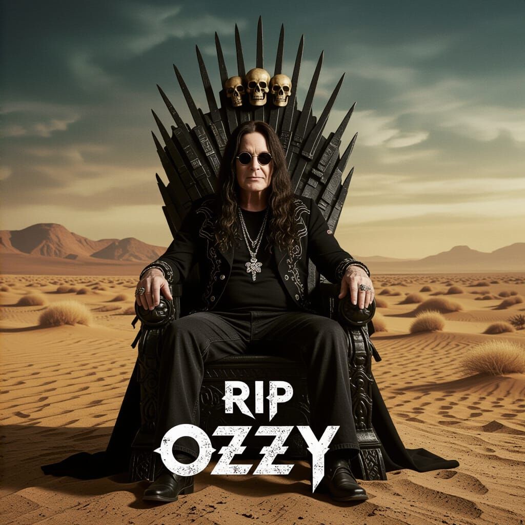 Ozzy Osbourne Portrait on Skull Throne in Apocalyptic Desert