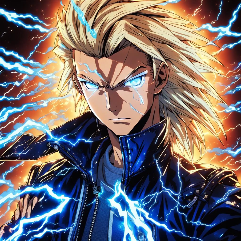 head and shoulders portrait, blond hair, platinum silver eyes, leather jacket, blue lightning covering jacket, intricate...