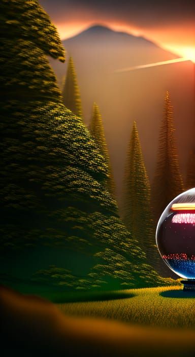 A UFO above mountains inside a snow globe, surrounded by forest,  intricate mech details, ground level shot, 8K resoluti...