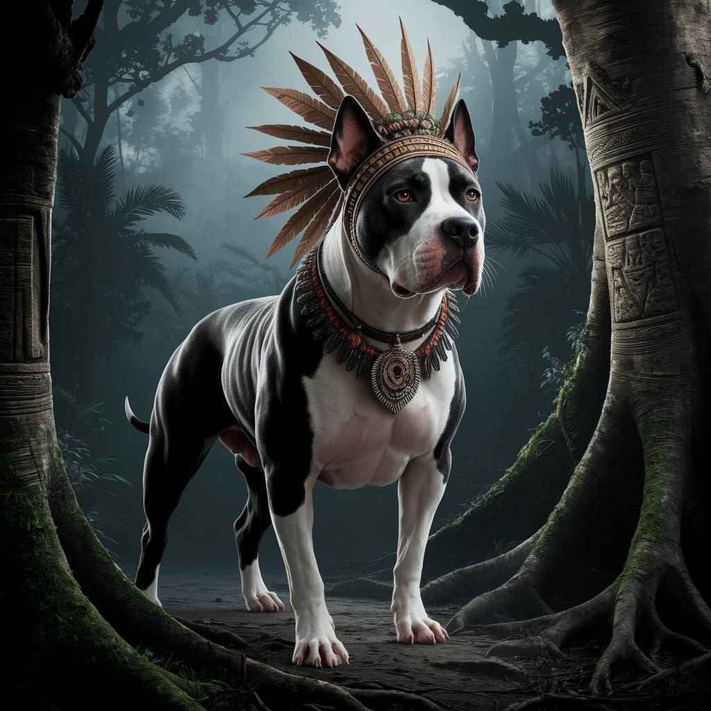 Tribal Pit Bull Guarding Misty Rainforest in Chiaroscuro