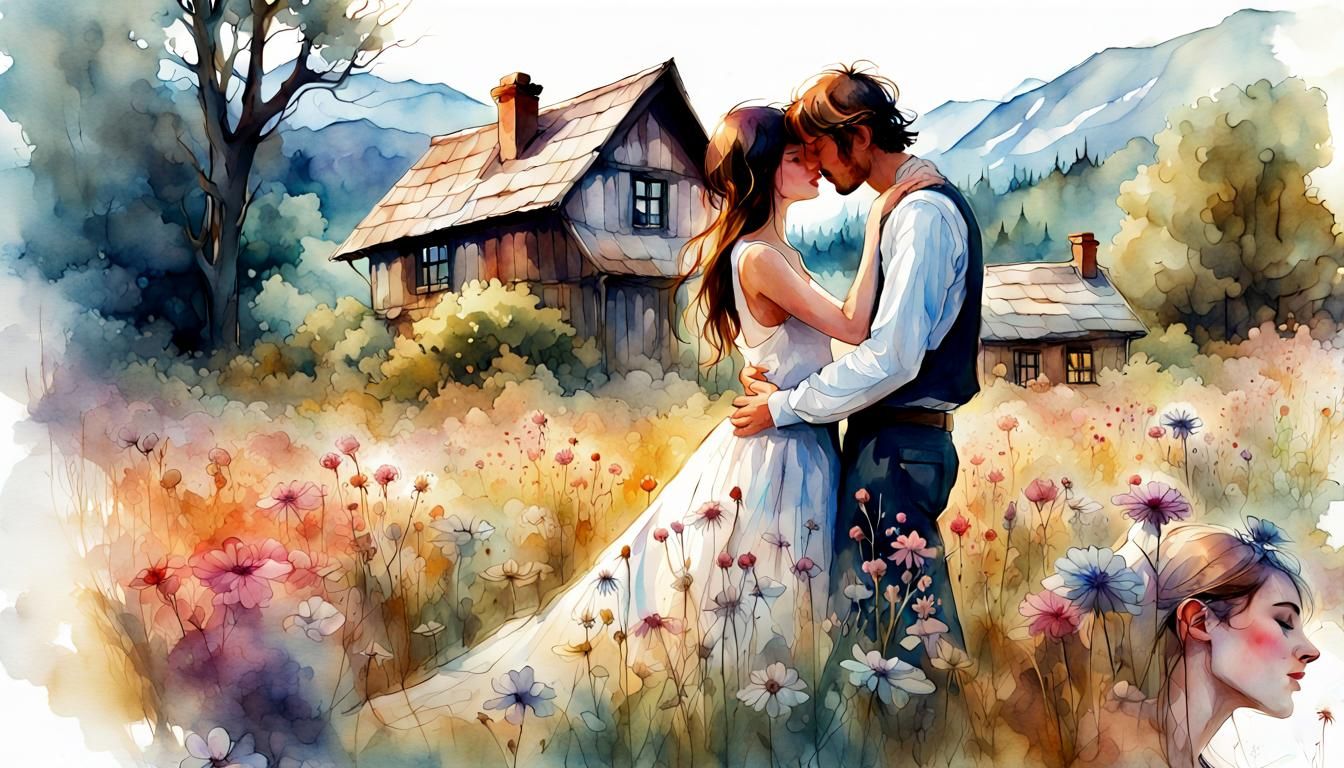 Husband and Wife Kissing in Flower Meadow: Watercolor Art