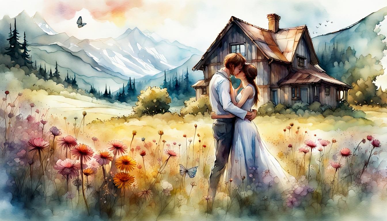 Husband and Wife Kissing in Flower Meadow: Watercolor Art