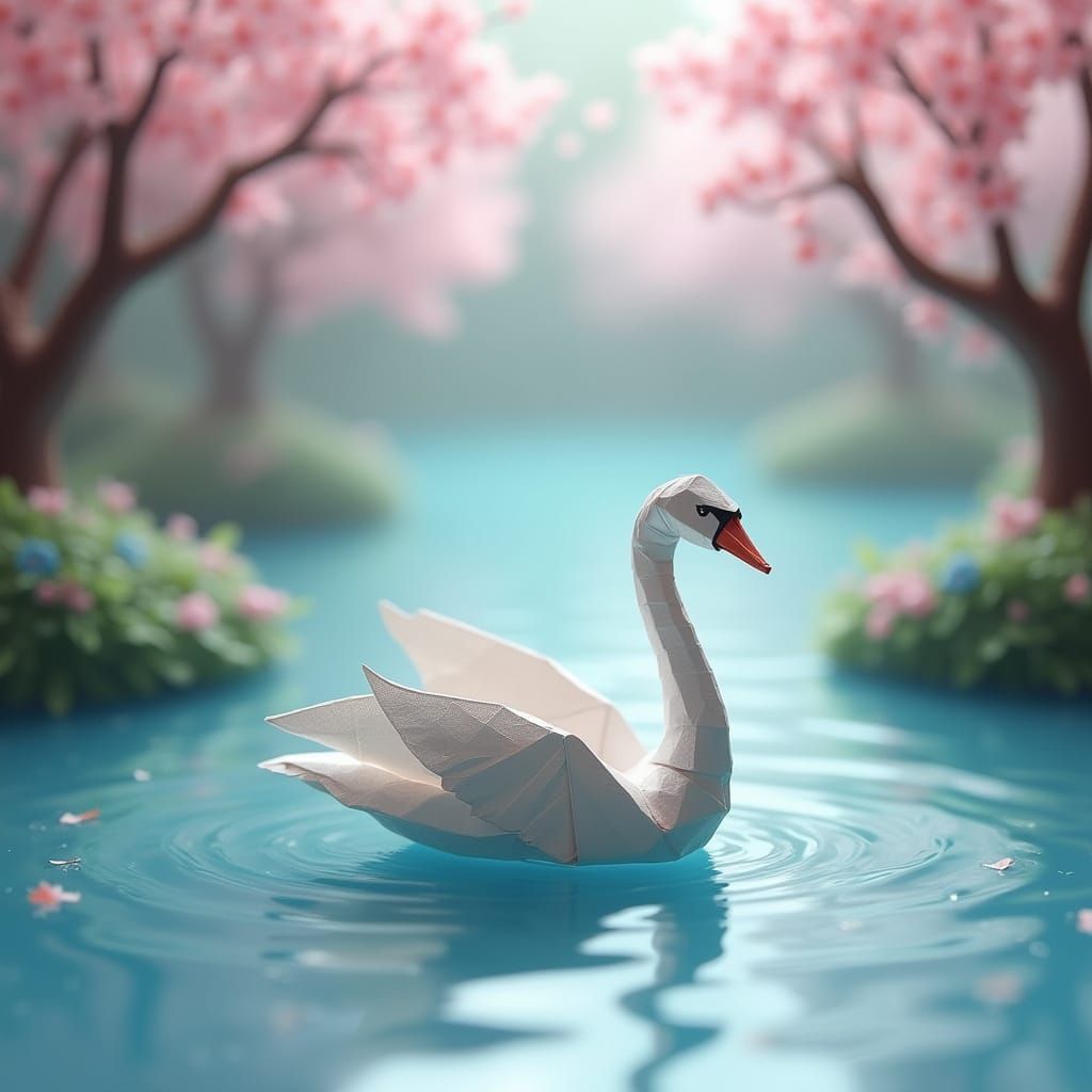 Origami Swan on Lake with Cherry Blossoms