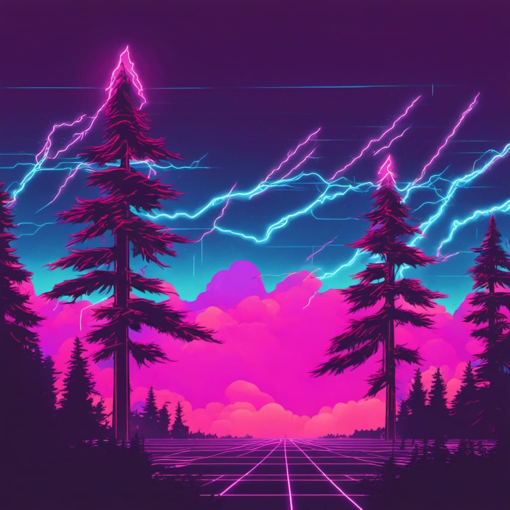 Synthwave Lightning Strikes Pine Trees