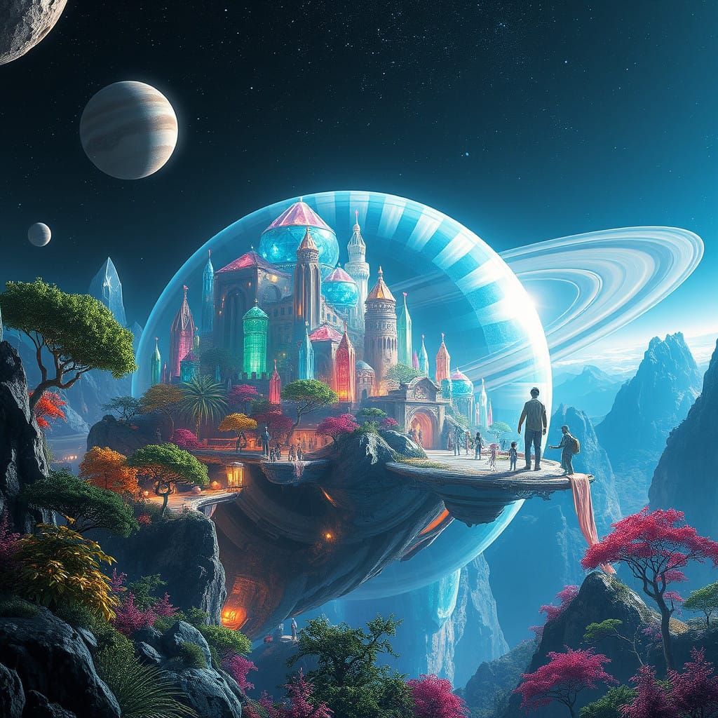 Crystal City Harmony: Humans and Aliens Unite in Iridescent....