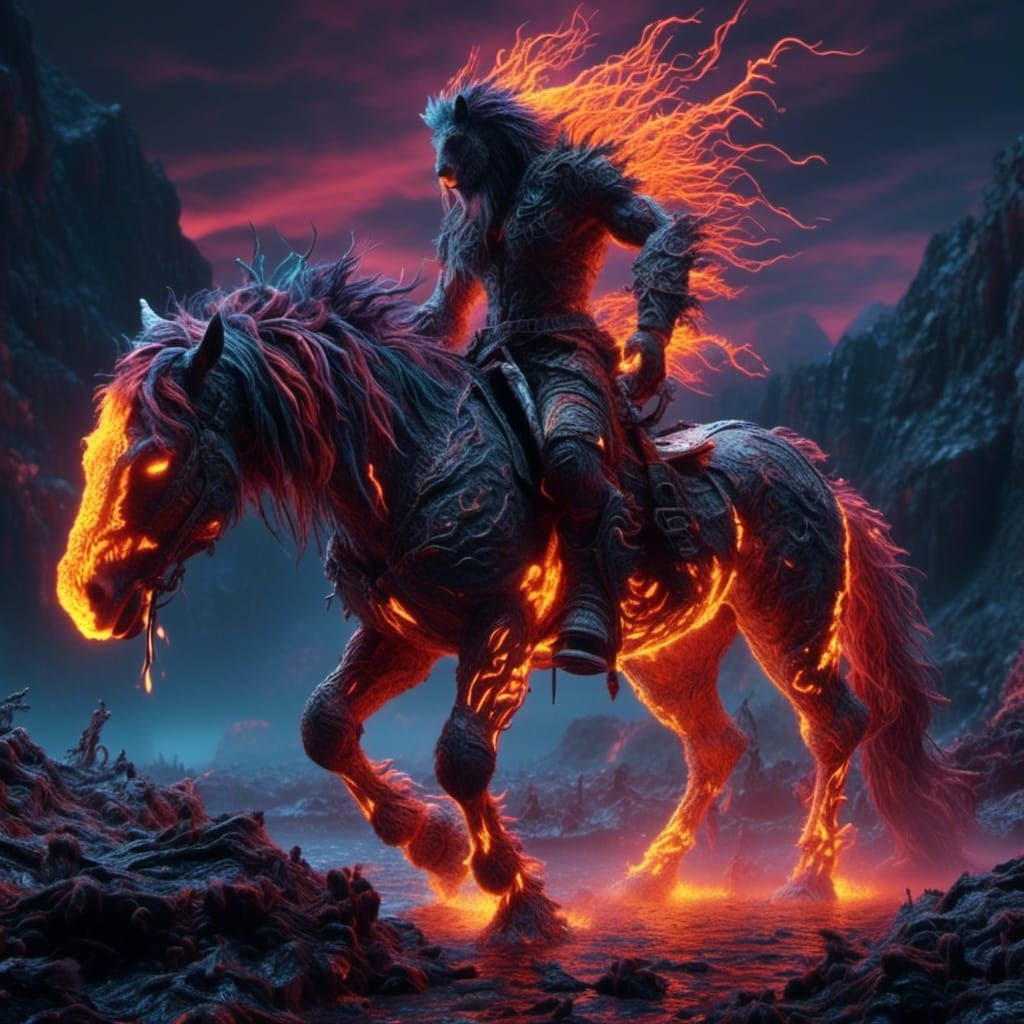 Fiery Lava Horse in Volcanic Landscape