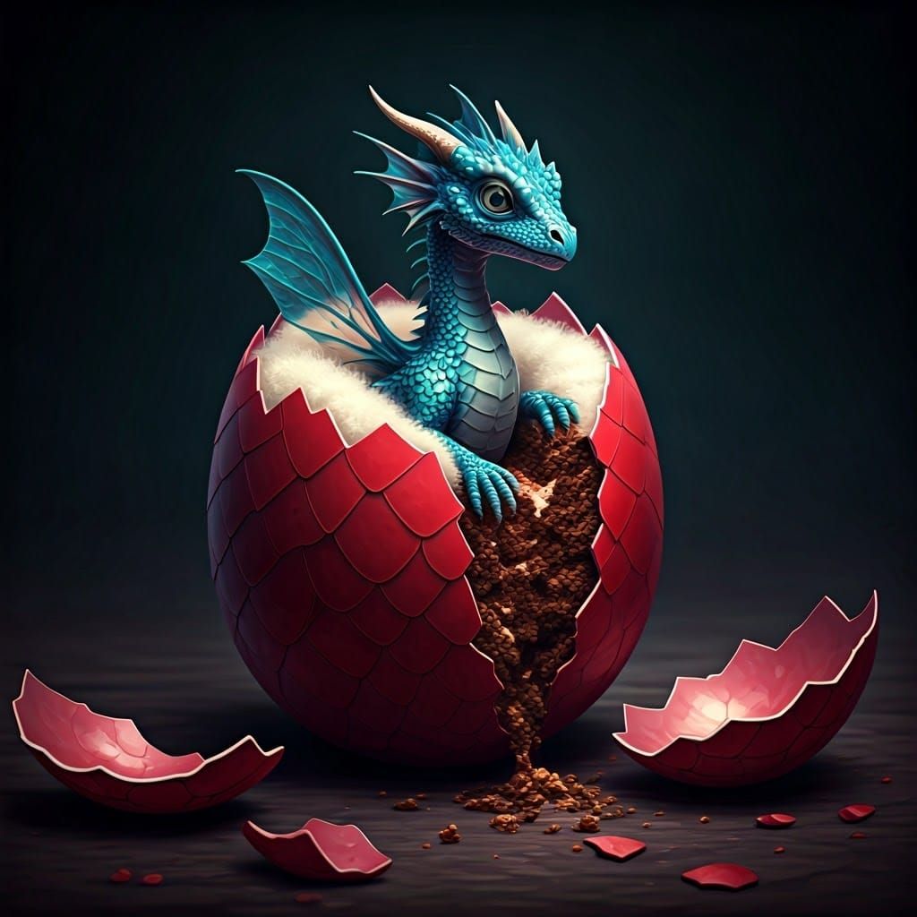 Iridescent Dragon Hatching from Cake Egg