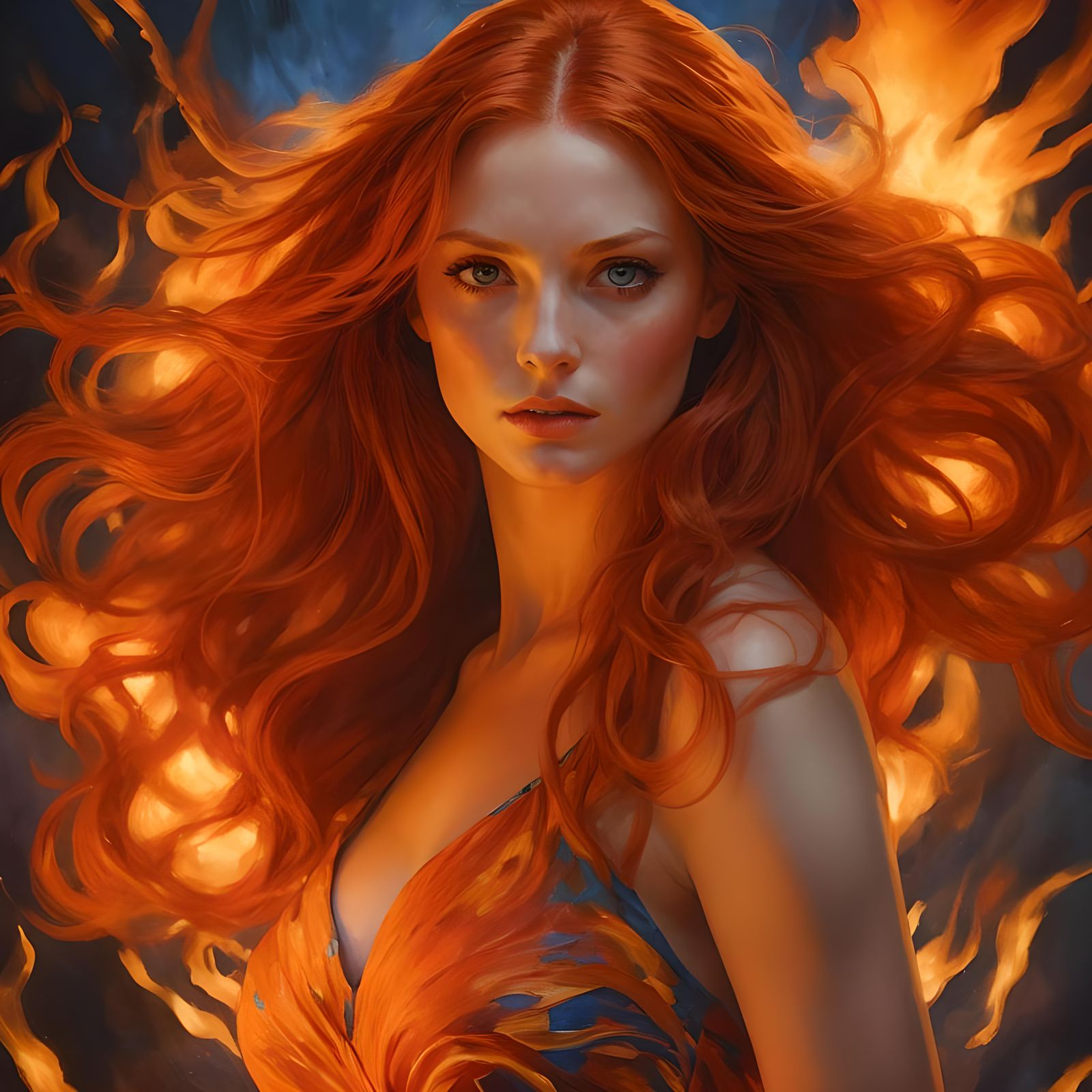 Fiery Redhead Portrait with Swirling Flames