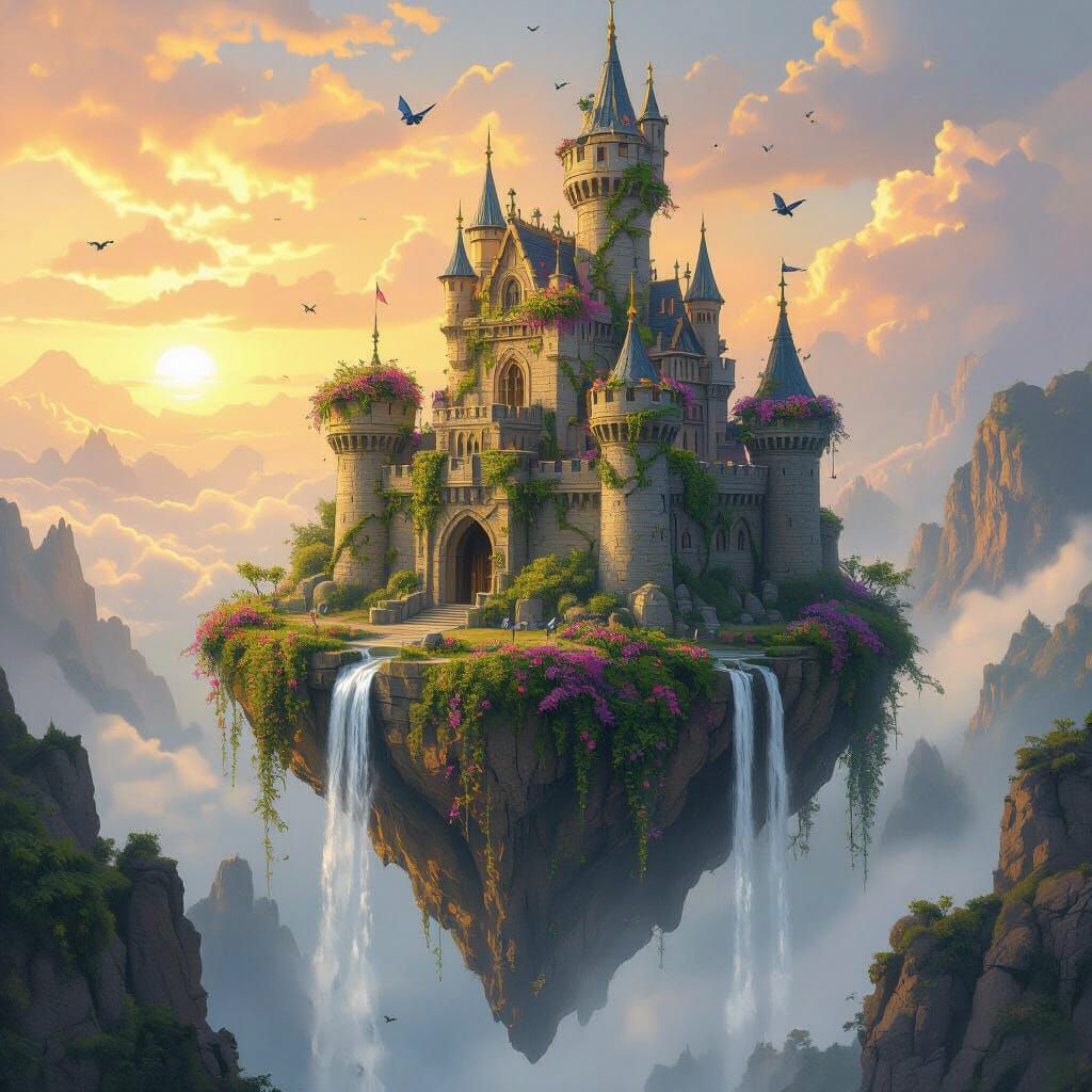 Majestic Floating Castle with Waterfalls in Golden Sunset Li...