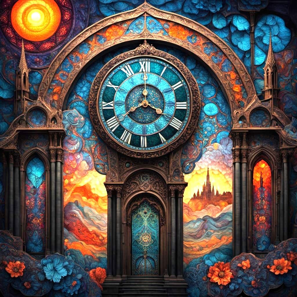 Gothic Clock Tower in a Magical Landscape