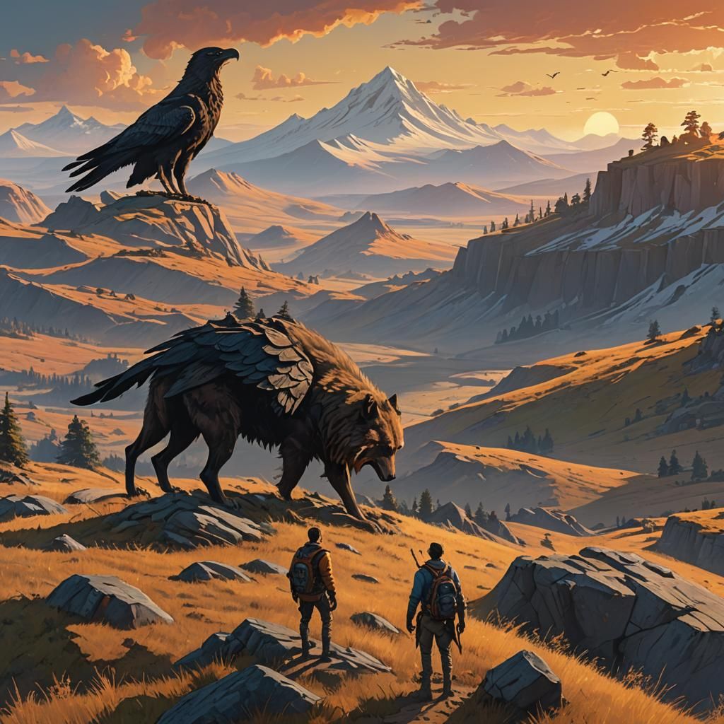 Ranger Overlooking Wolves on Plains, Fantasy Art