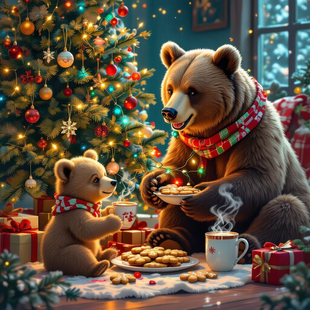 Bear Family Decorates Christmas Tree with Hot Chocolate