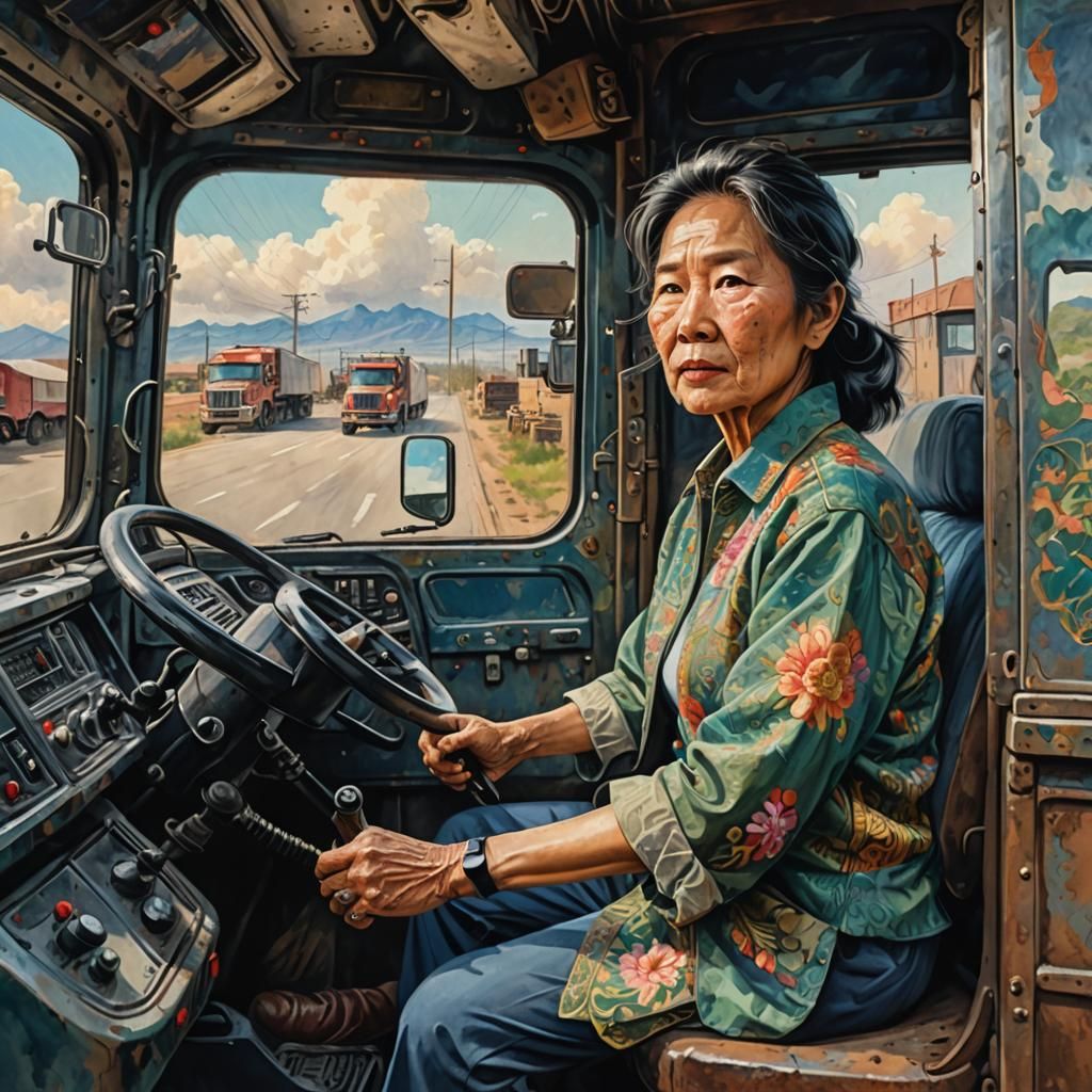 Asian Woman Driving a Semi Truck in Gouache Style