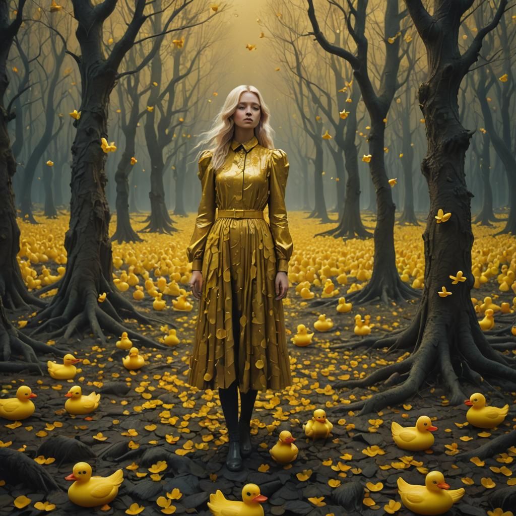Surreal Twilight Forest with Rubber Ducks