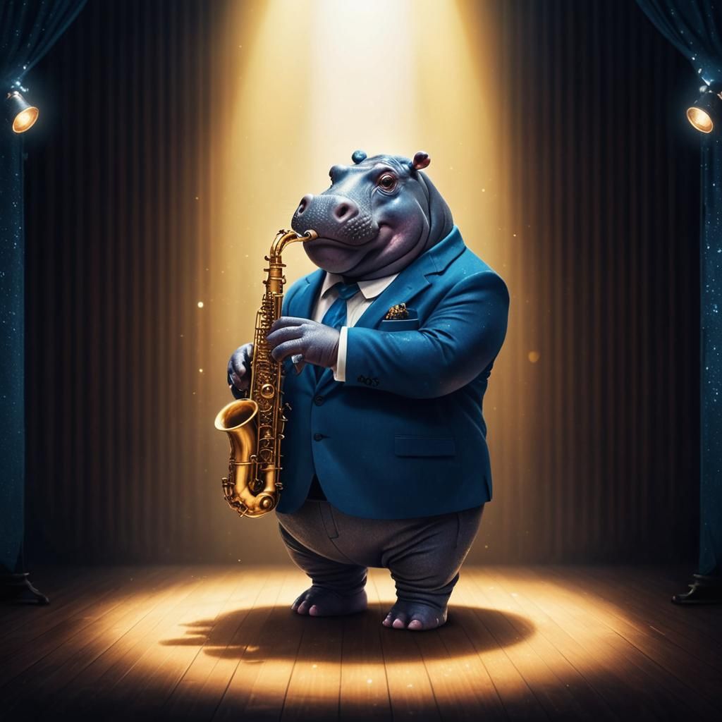 Elegant Hippo Plays Saxophone in Spotlight