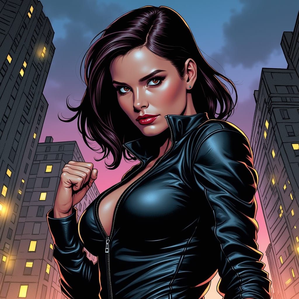 Heroic Woman in Gritty Cityscape, in Cyberpunk Comic Book St...