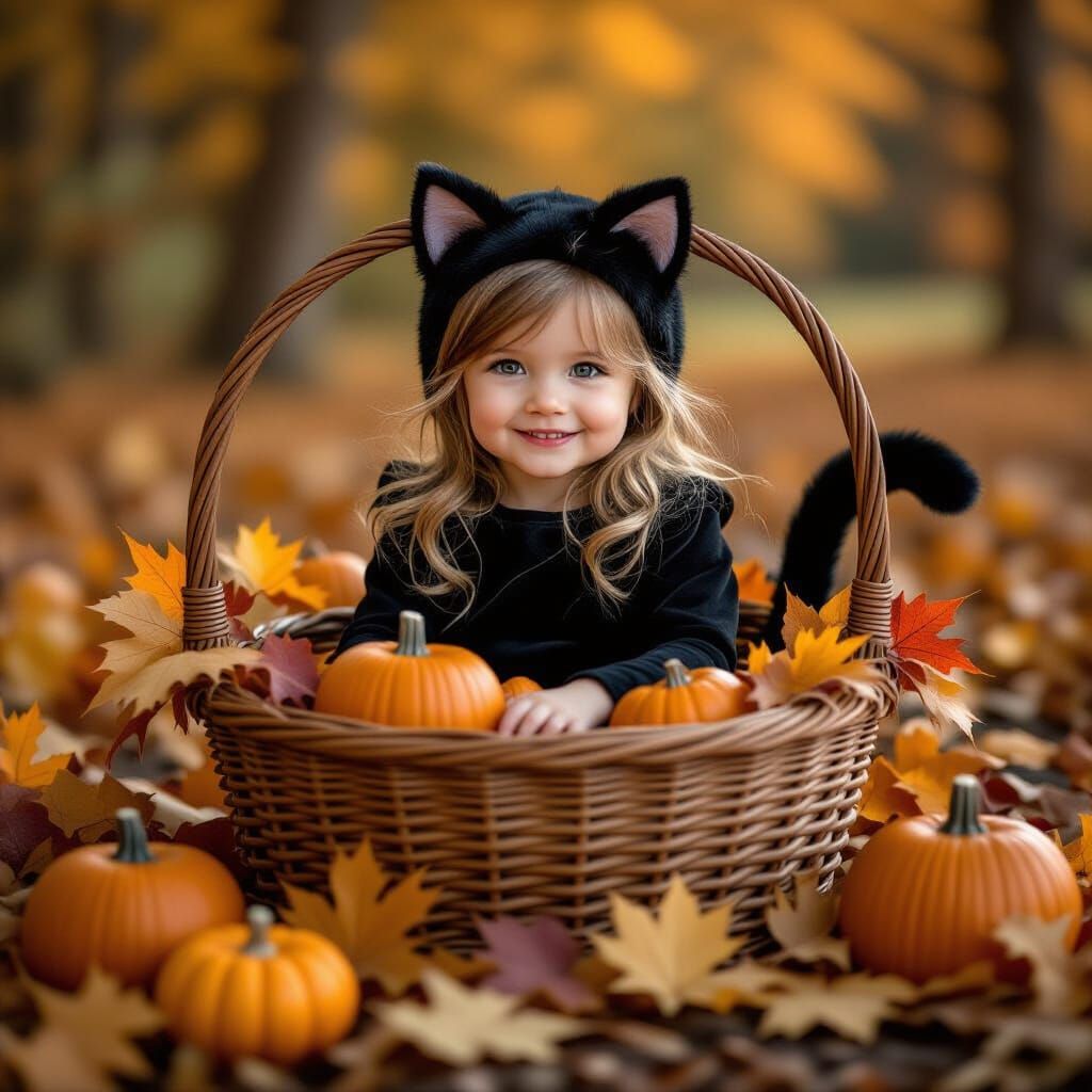 Cute Girl Dressed as Black Cat in Halloween Basket