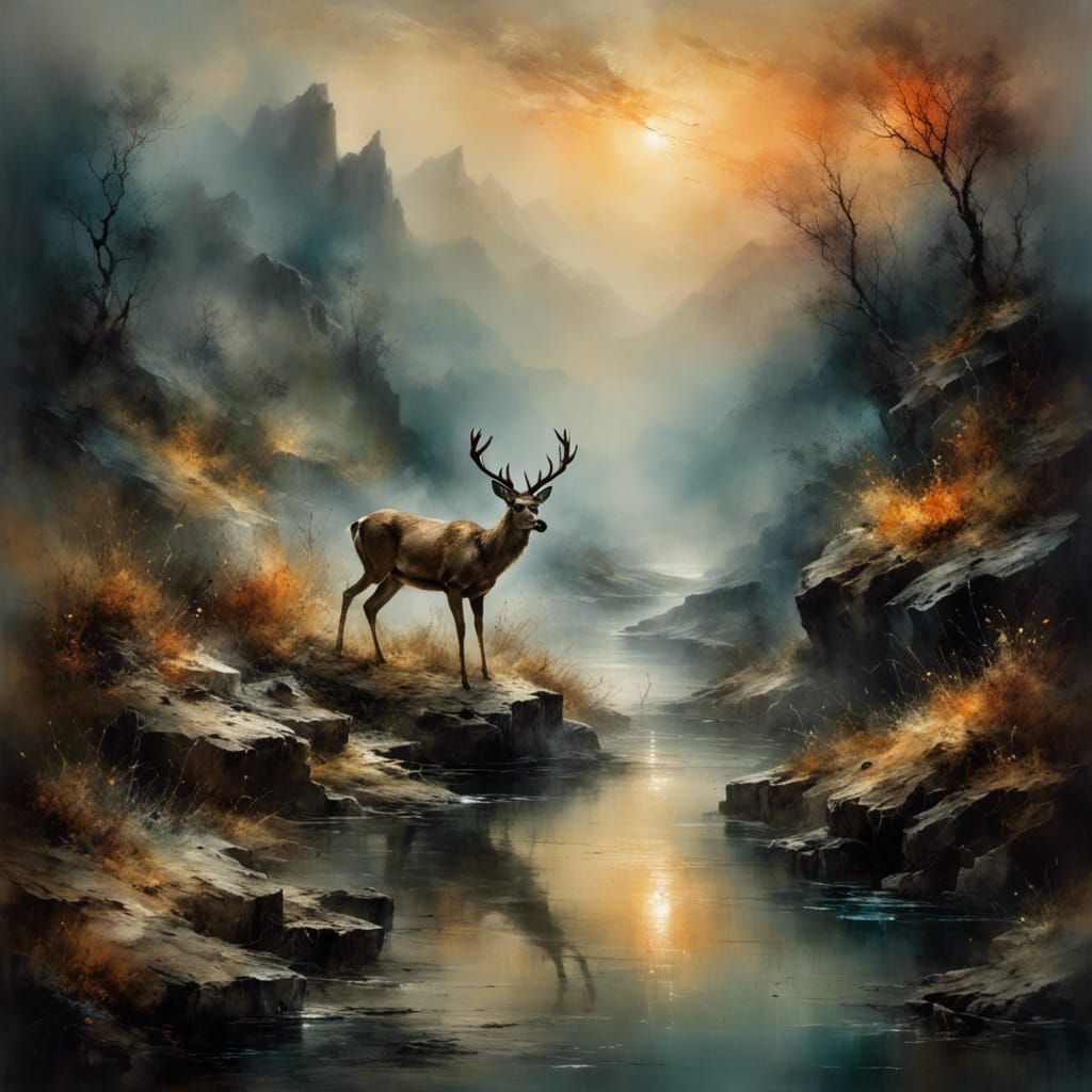 Sunset Deer in Rocky Landscape: Oil Painting