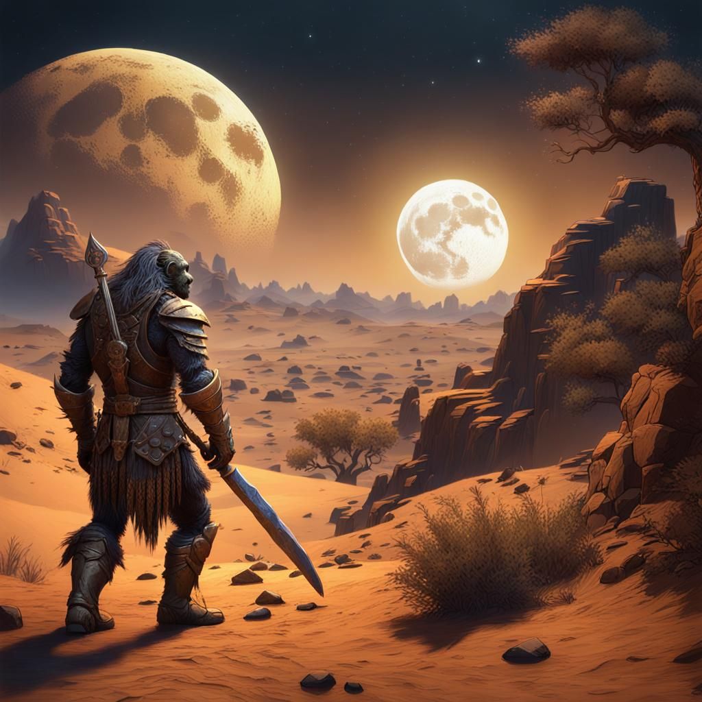Barren Plateau Under Moonlight: Man-Ape in Bronze Armor