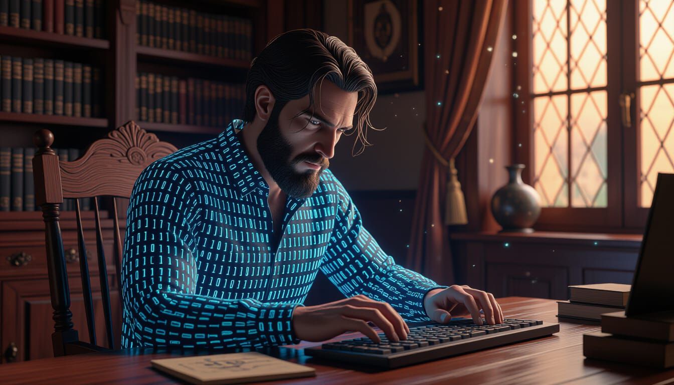 Man of Binary Code at Desk: Dark Fantasy Masterpiece