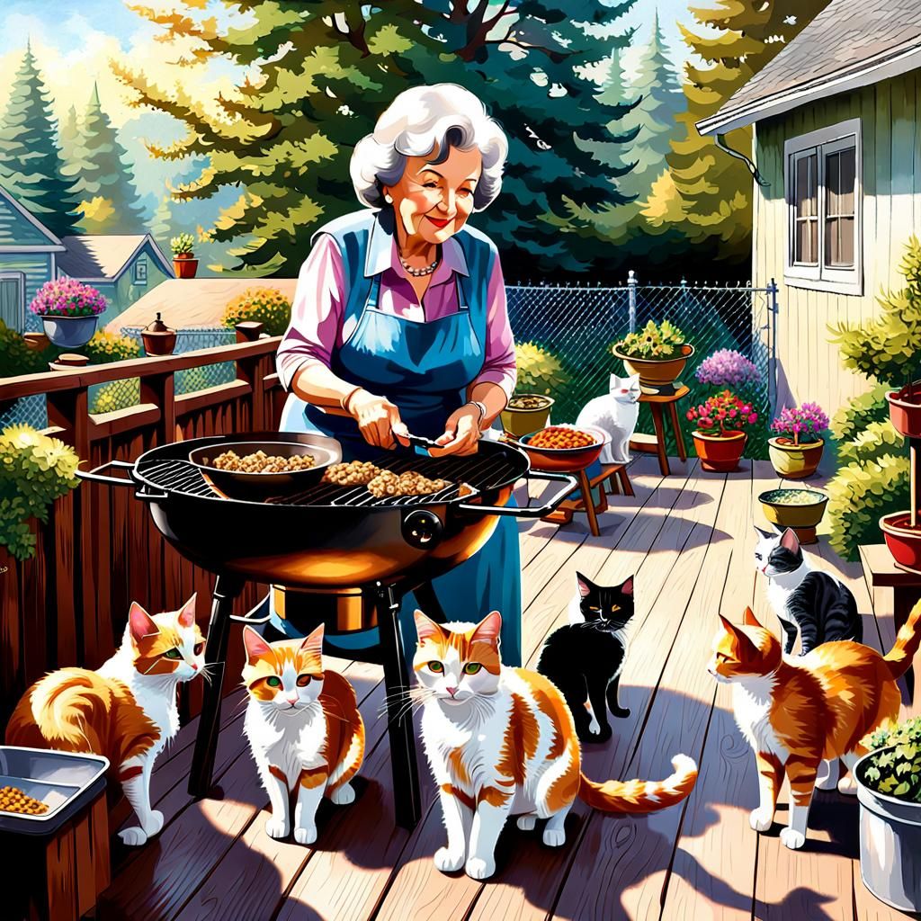 Elderly Woman Feeds Stray Cats: Photorealistic Scene