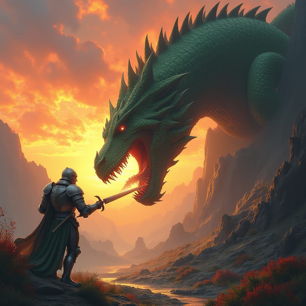 Knight Devoured by Emerald Dragon at Fiery Sunset