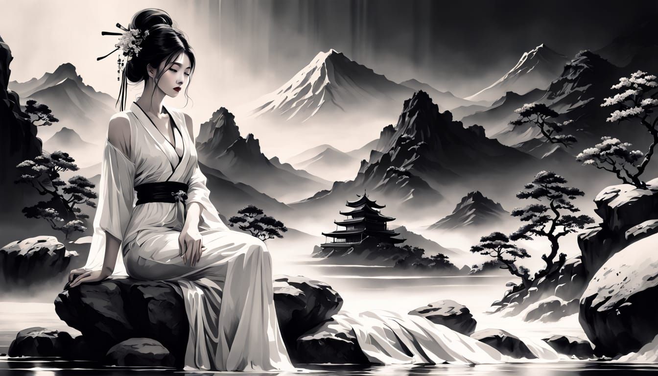 Traditional Japanese Sumi-e Ink Painting of a Courtesan in a...