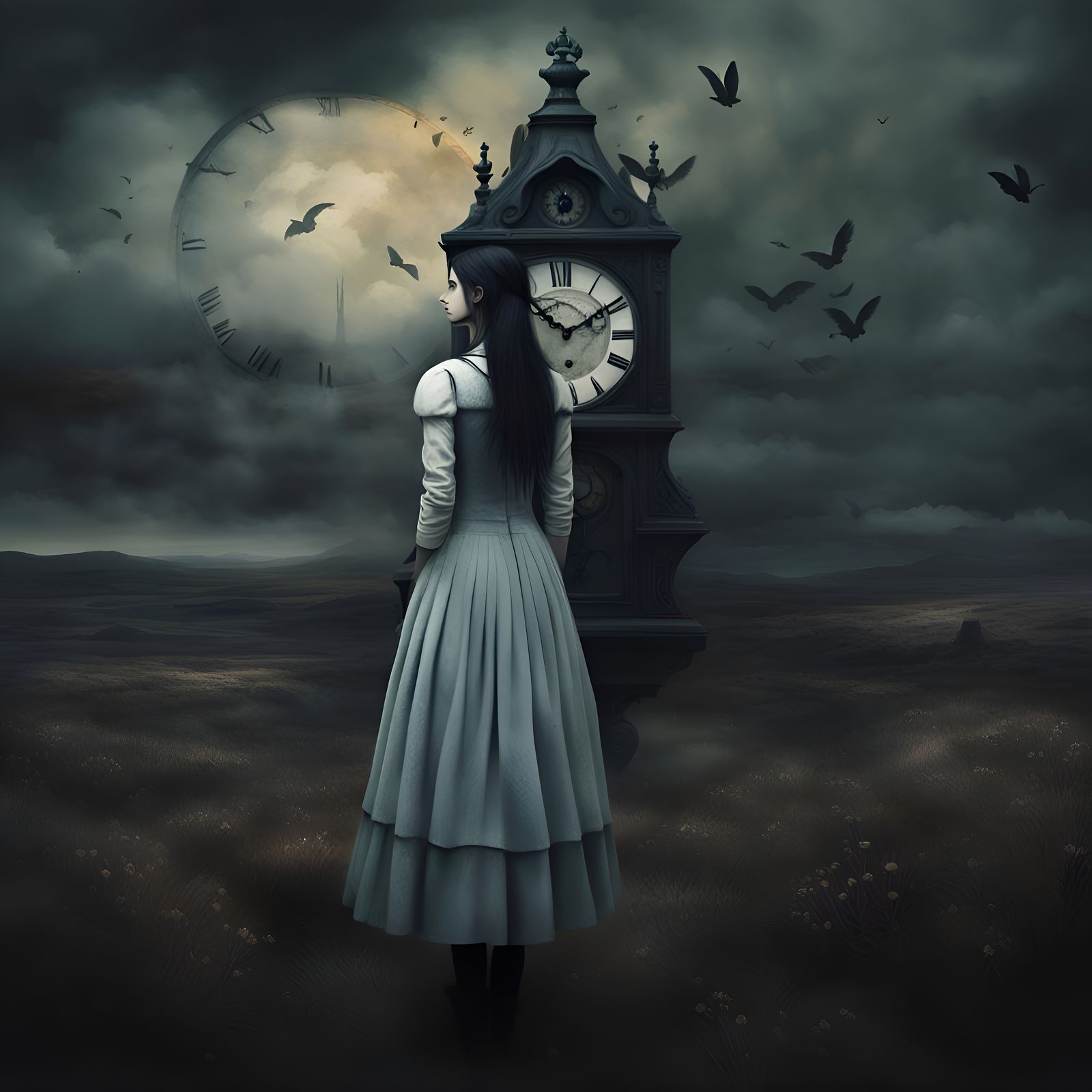 Melancholic Woman Before Clock in Fantasy Art Style