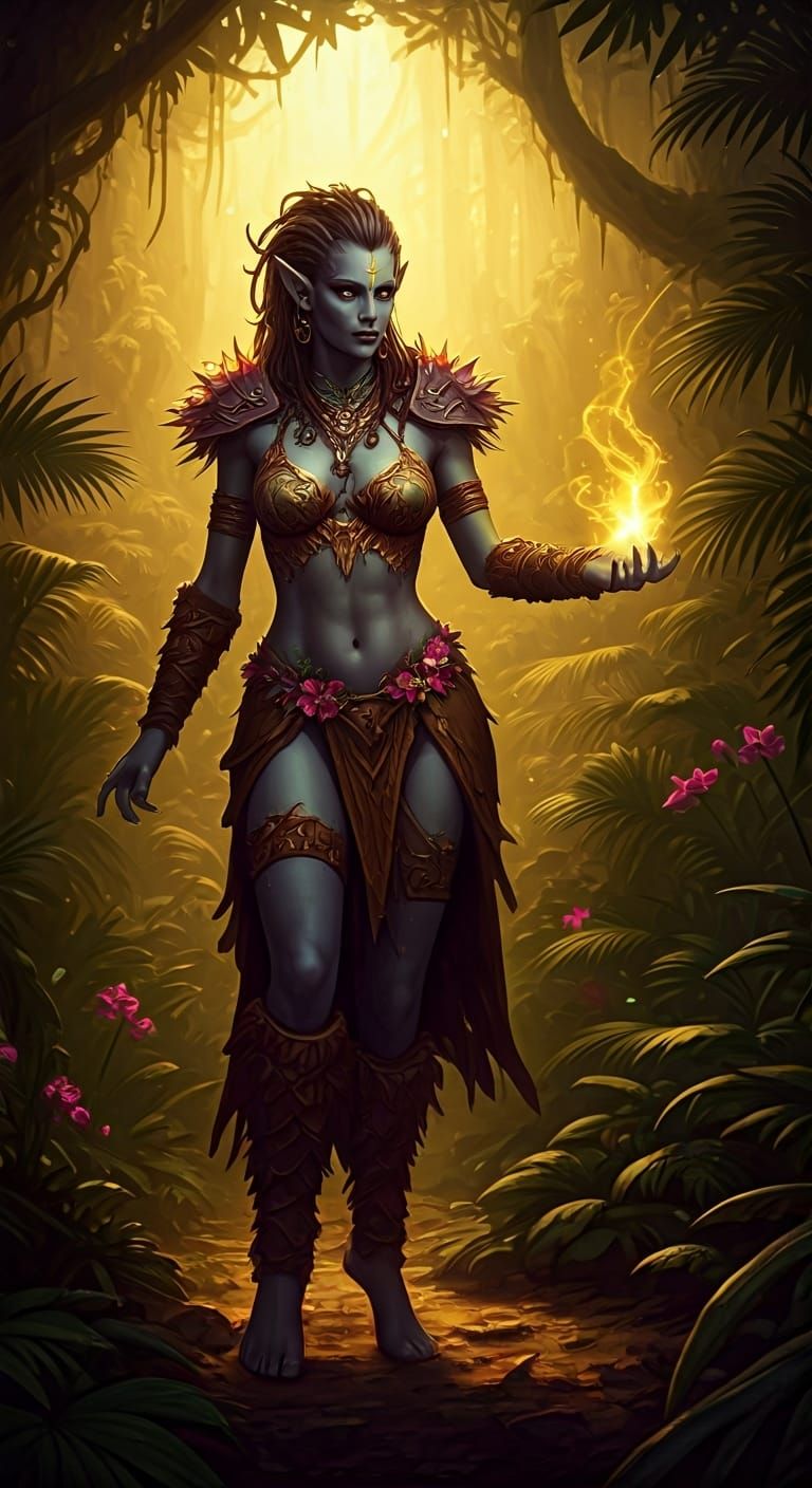 Half-Orc Druid Casting Spells in Tropical Forest