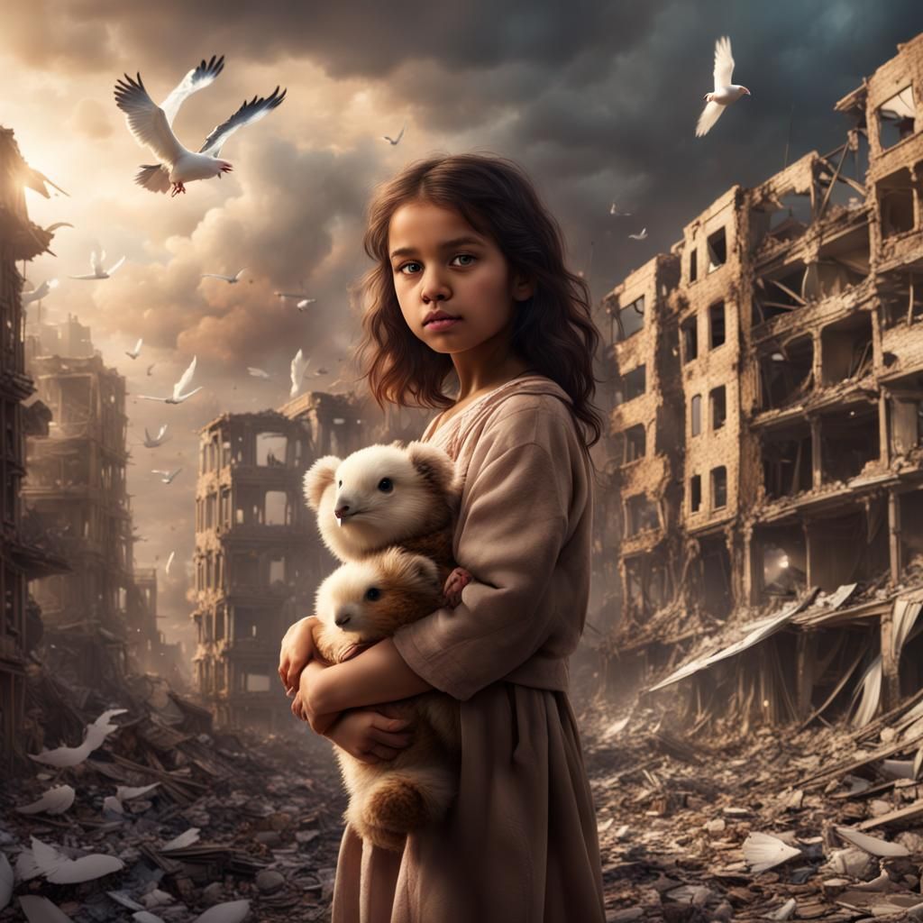 Arabic Girl with Teddy Bear and Pigeon