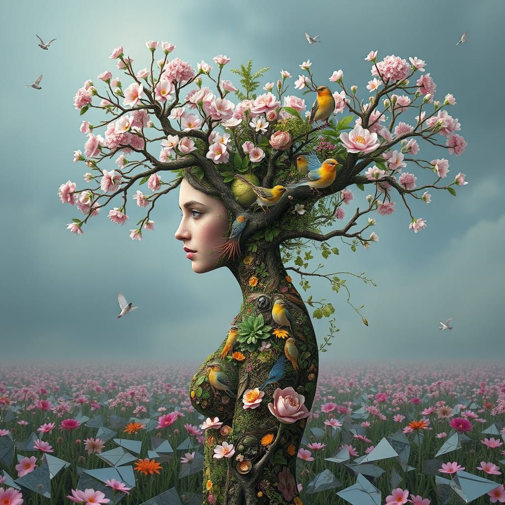 Surreal Hybrid Goddess Blooms in Springtime Serenity