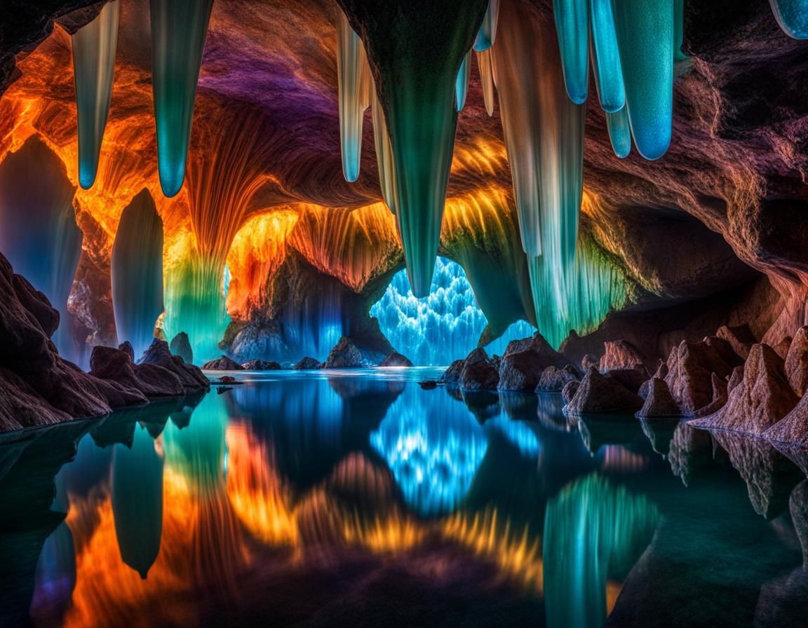 a crystal cave submerged in water, (Swimmers explore the env...