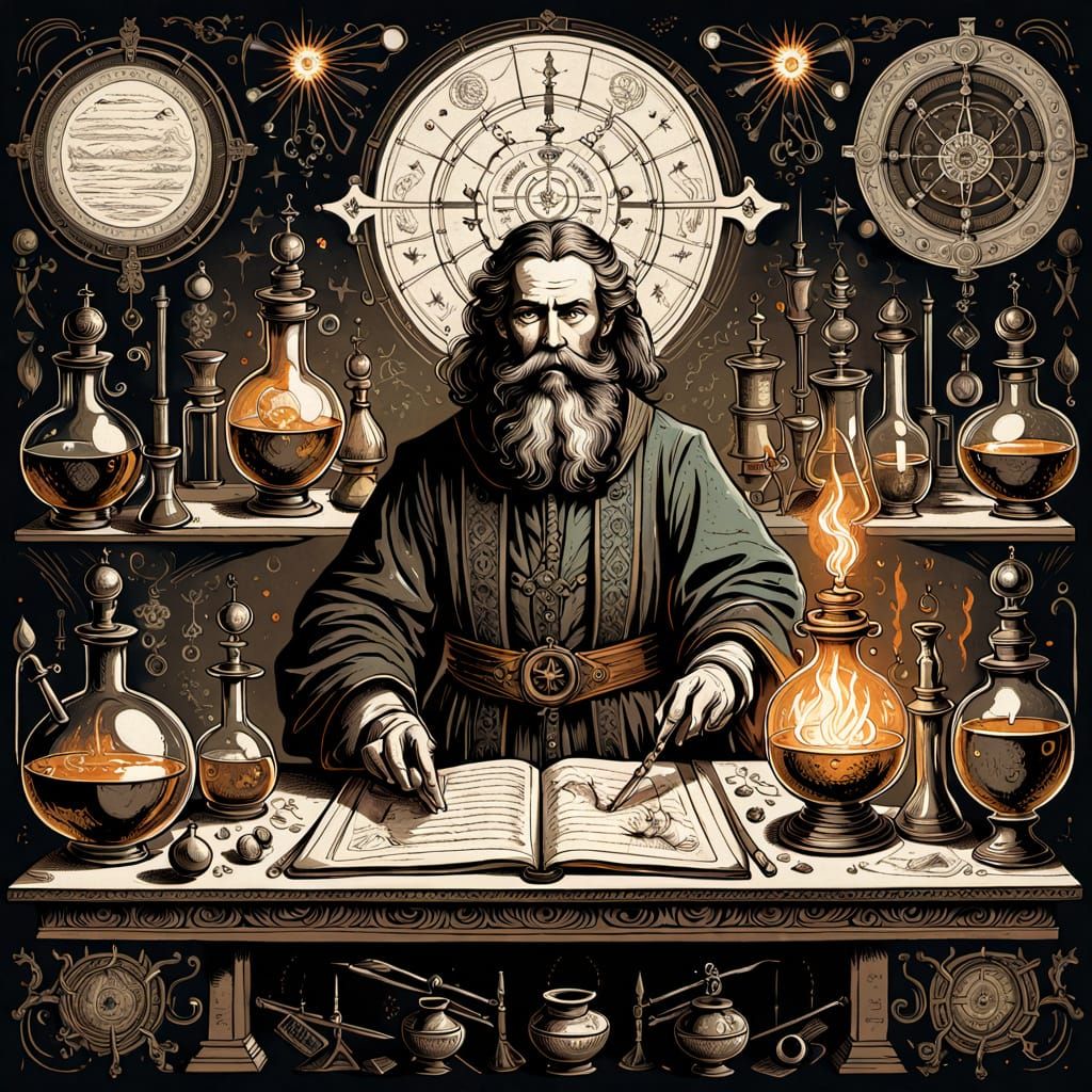 17th Century Alchemist in Vintage Lab