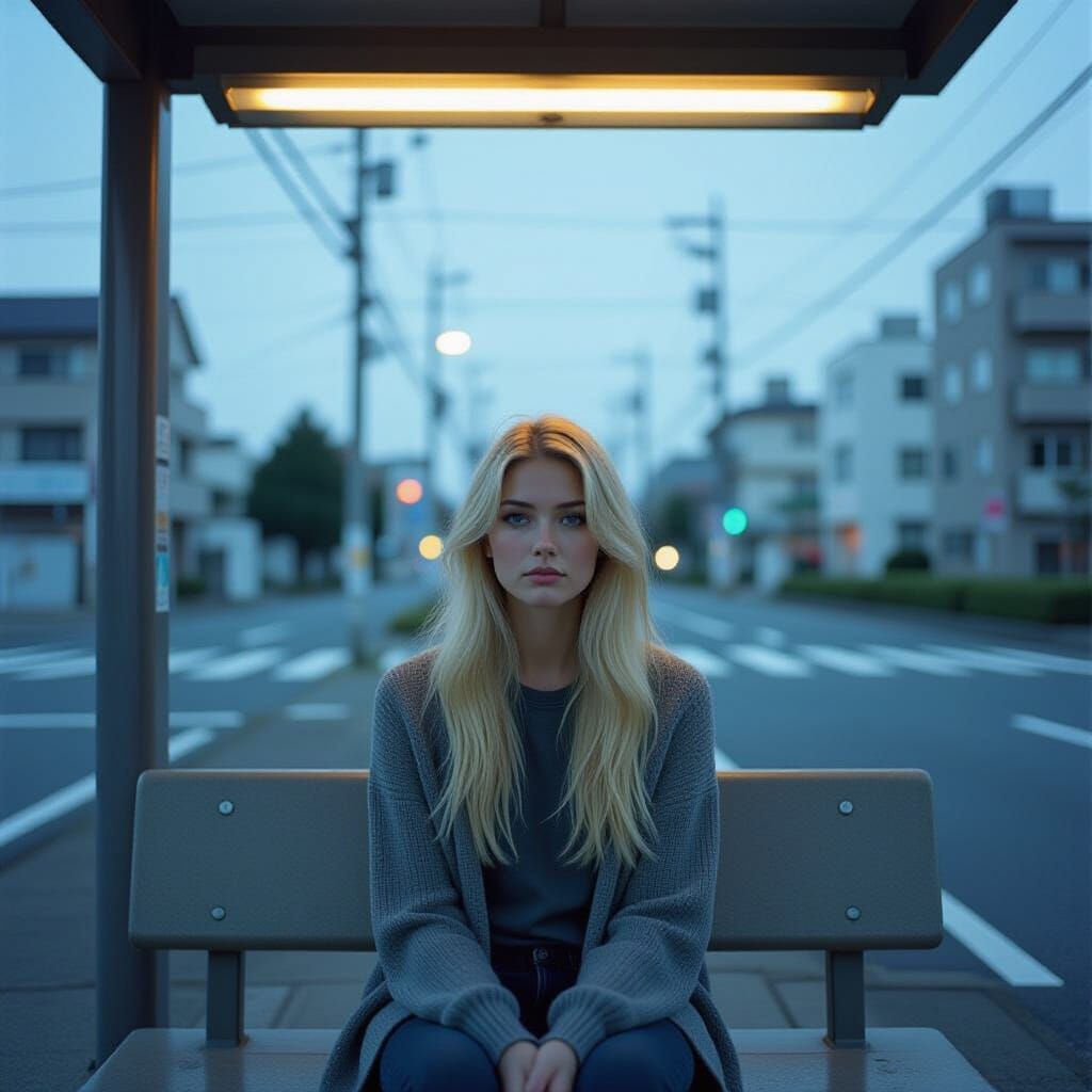 Contemplative Woman at Tokyo Bus Stop