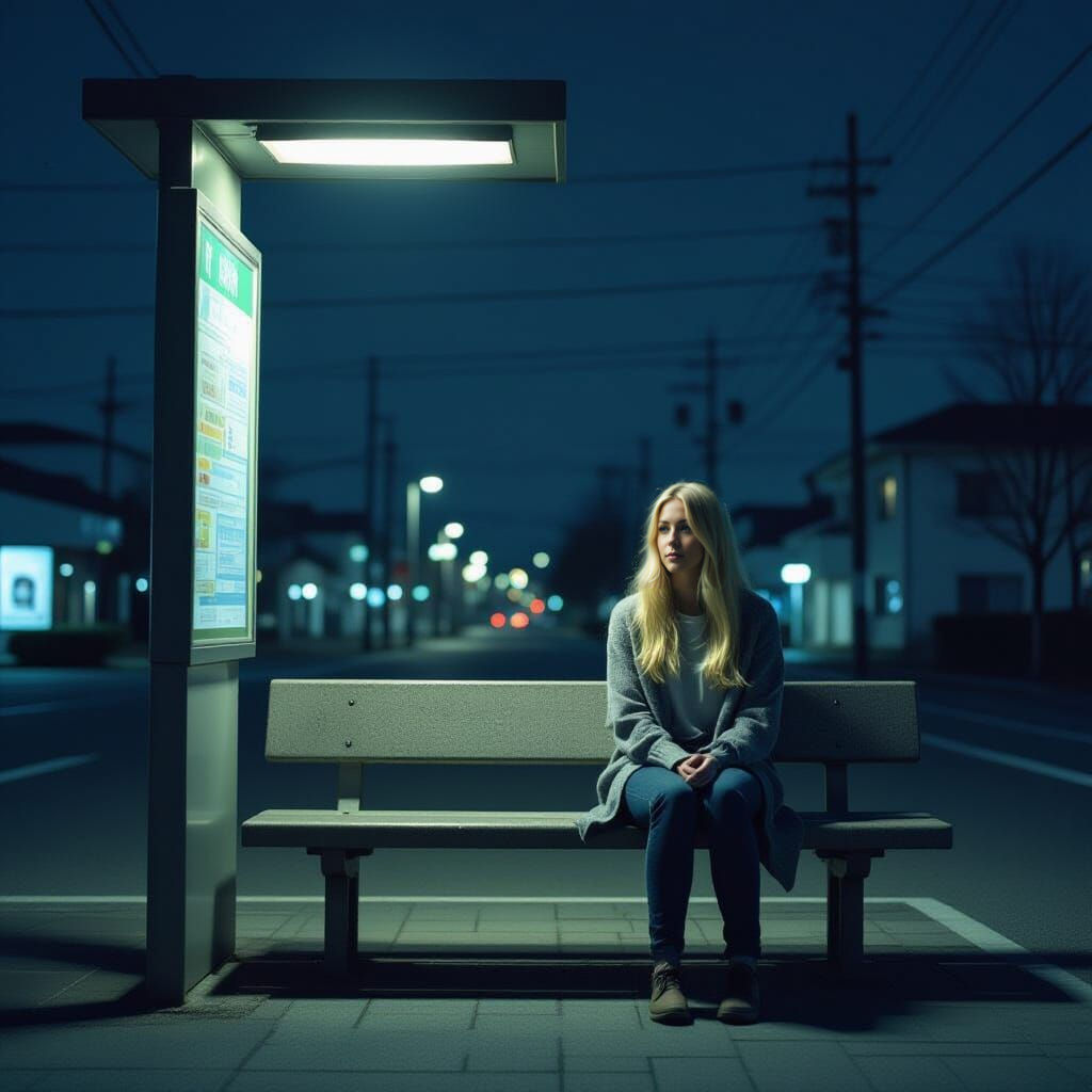 Tokyo Night Bus Stop: Grainy Film Photograph