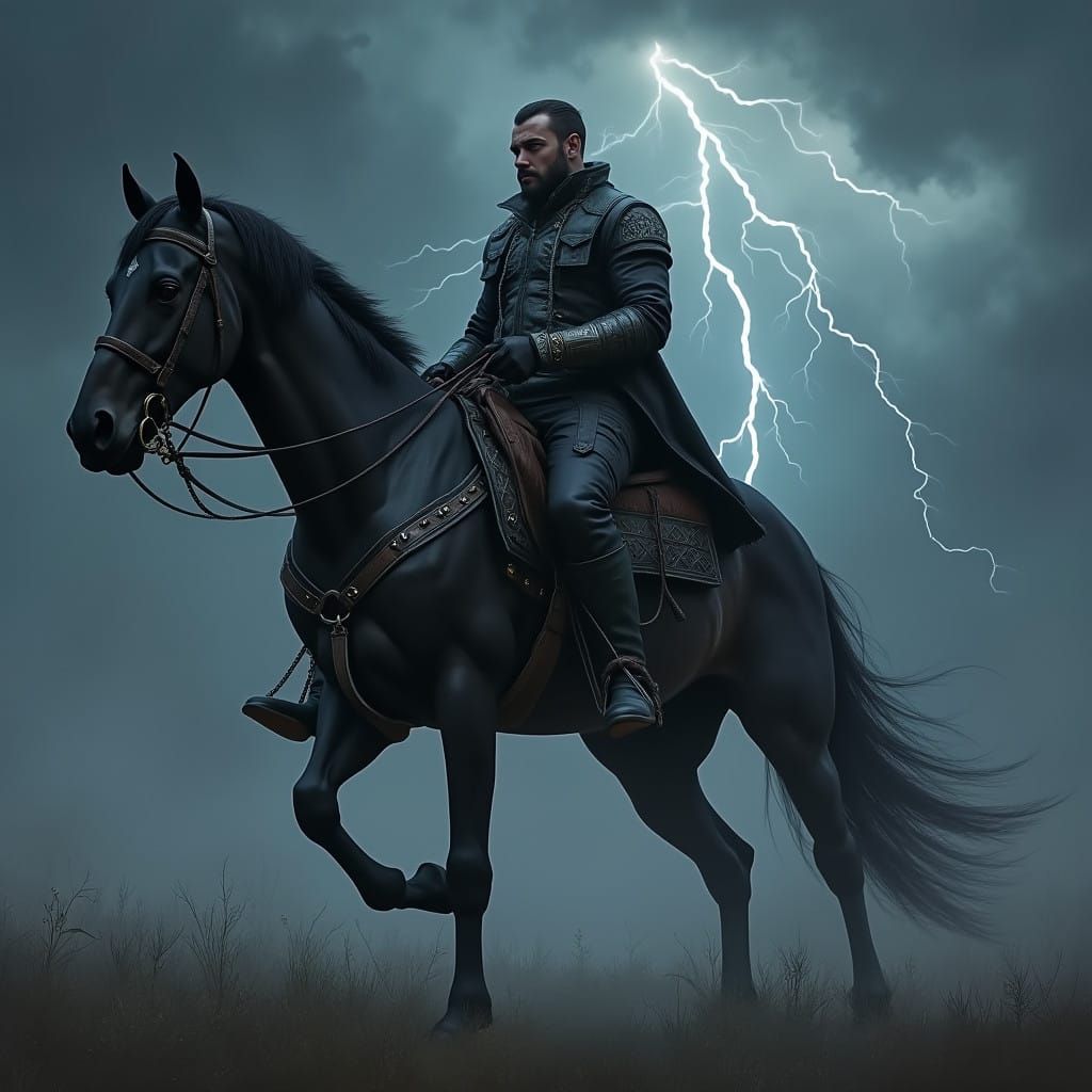 Heroic Rider Dominates Stormy Skies in Cyberpunk Fantasy
