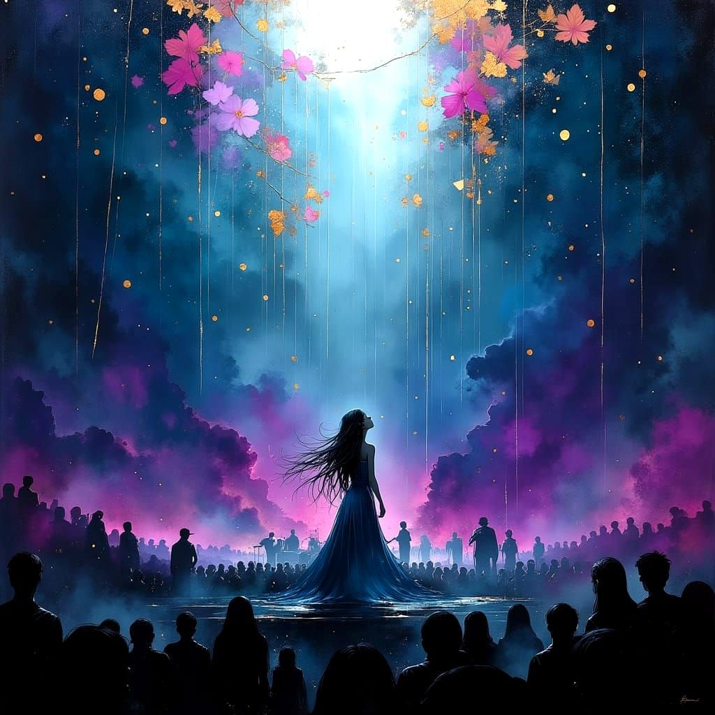 Long-Haired Band Singer in Divine Oil Painting Style