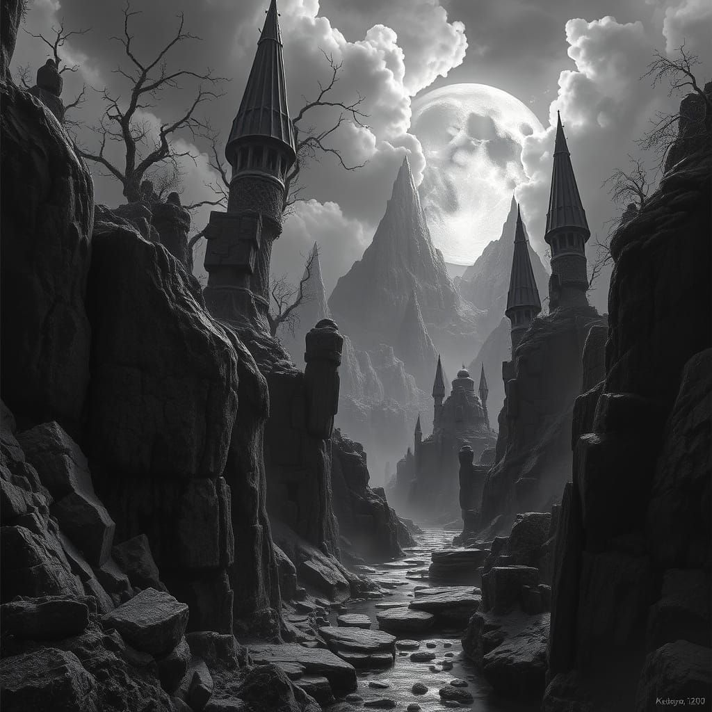 High-Contrast Black and White Fantasy Scene in Unreal Engine...