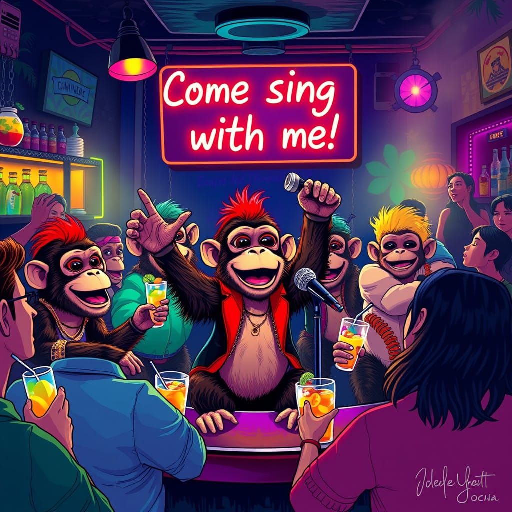 Lively Monkeys Sing Karaoke in Tropical Nightclub
