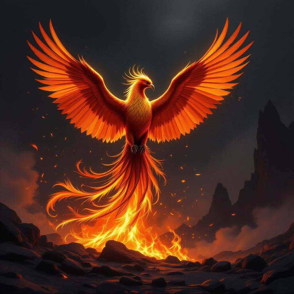 Majestic Phoenix Rises From Ashes in Dramatic Fantasy Style