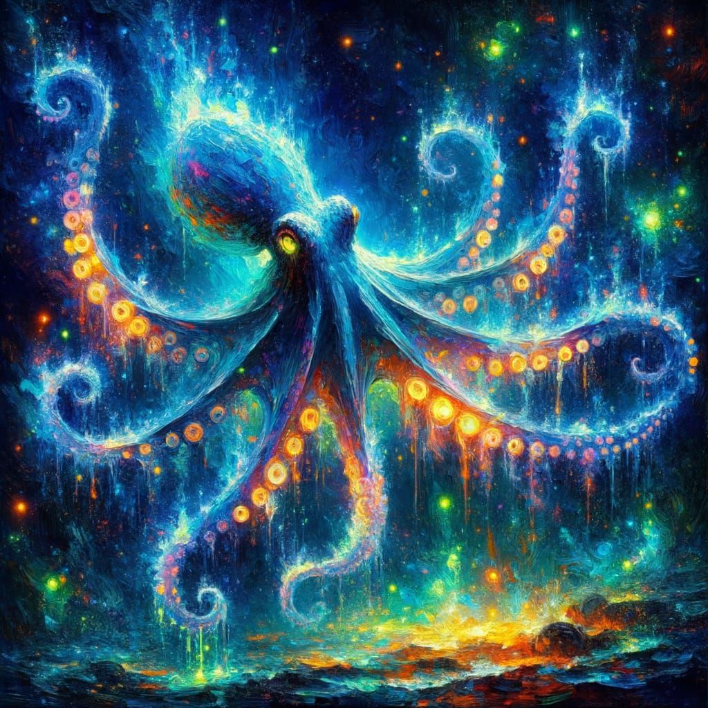 Bioluminescent Octopus Oil Painting in Neo-Impressionist Sty...