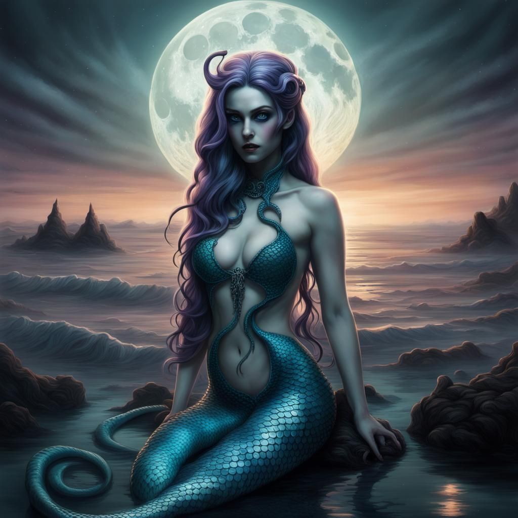Fantastical Tentacle Mermaid in Twilight Moonscape