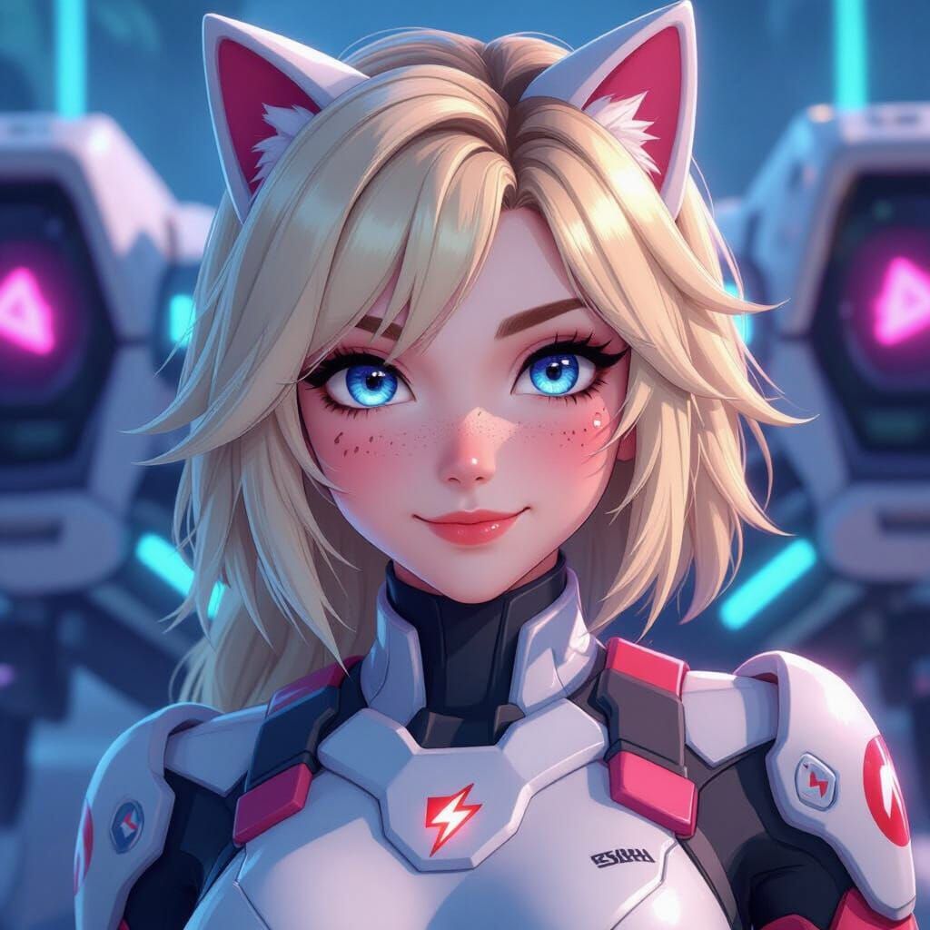 D.Va in White Cat Skin Posing with Mech