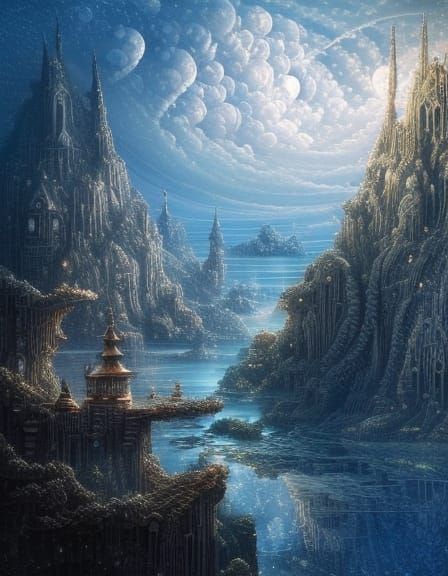 Clockpunk Bonsai Village Under Moonlight, Fantasy Art
