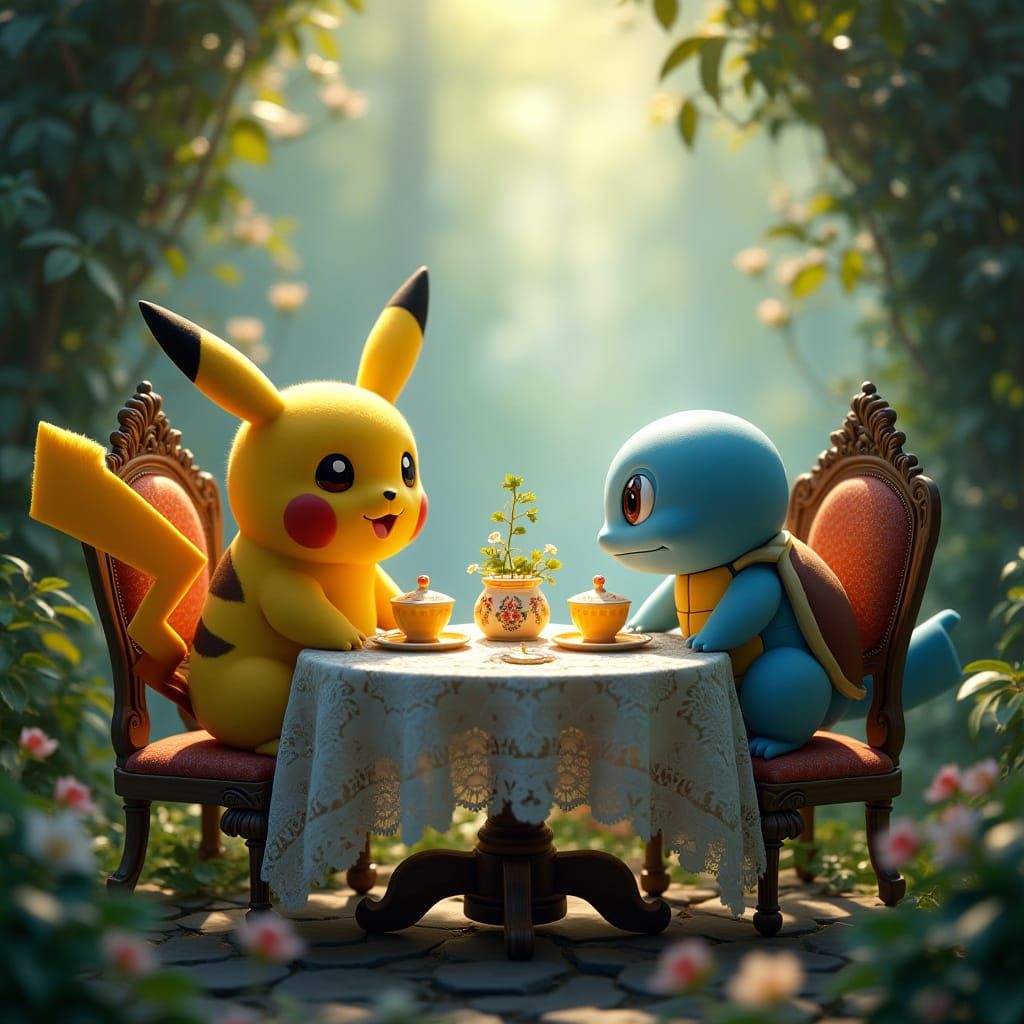 Pikachu and Squirtle in Whimsical Forest Tea Party Scene