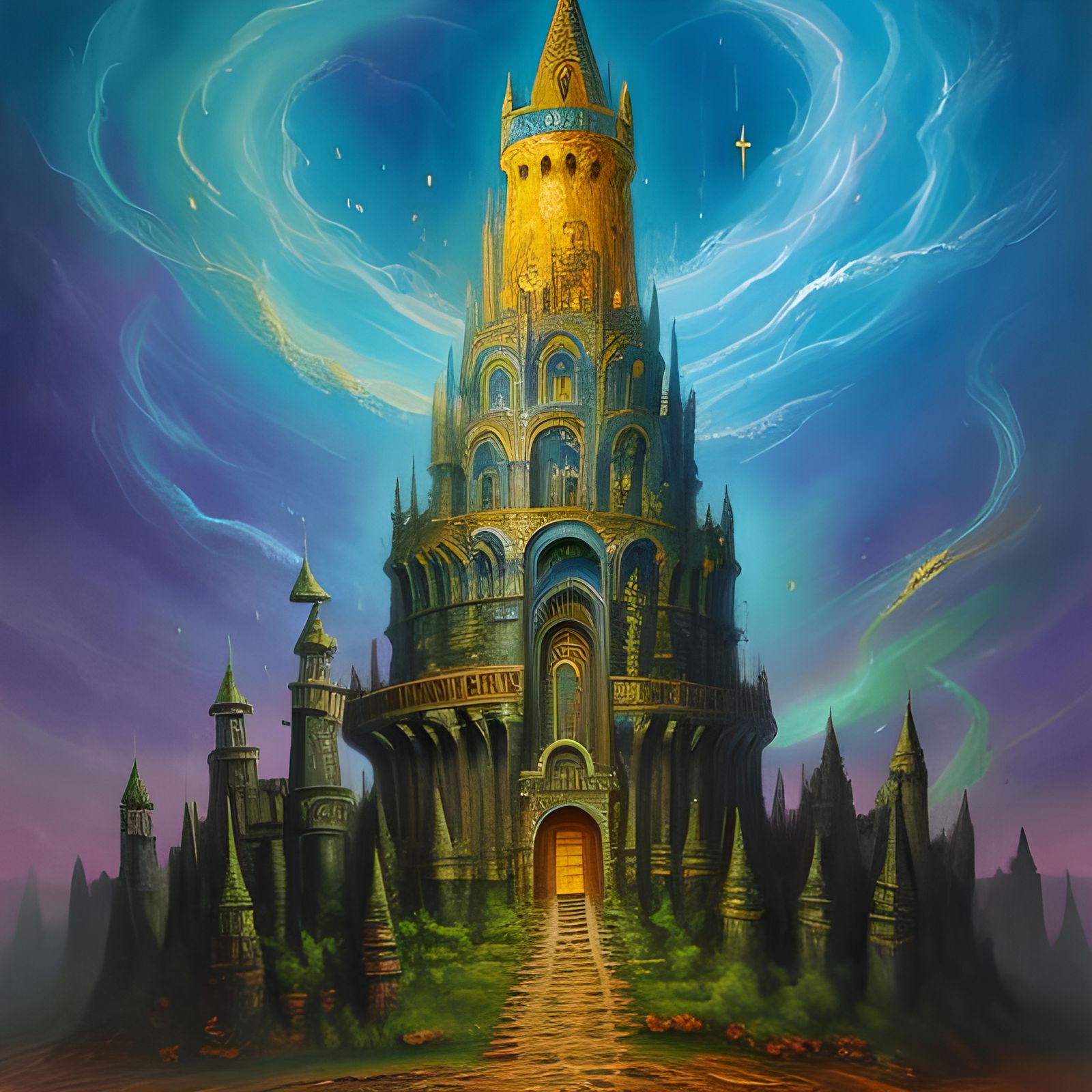 Ancient wizard's tower, hyper detailed, magic banner, finely detailed, thick oil paint, thick rough impasto, magical glo...