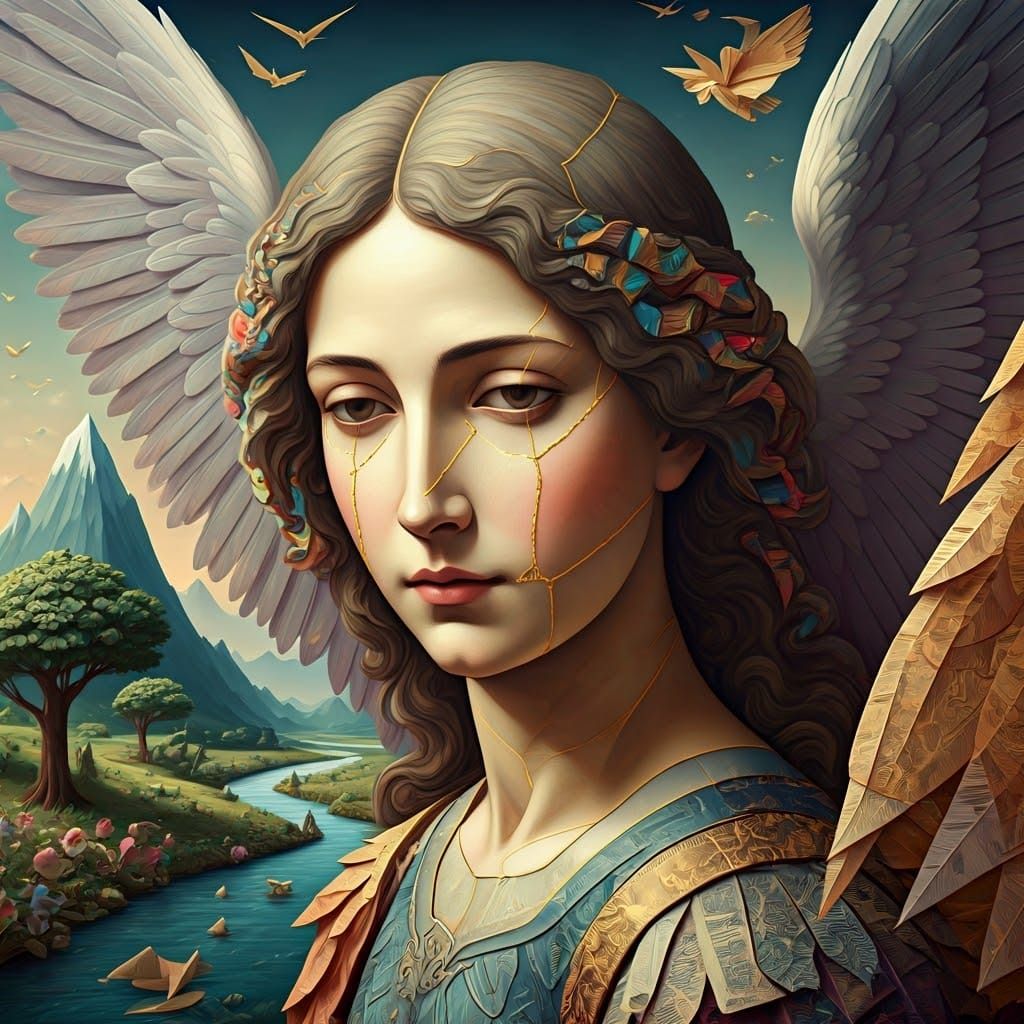 Saint Michael as Kintsugi Paper Sculpture