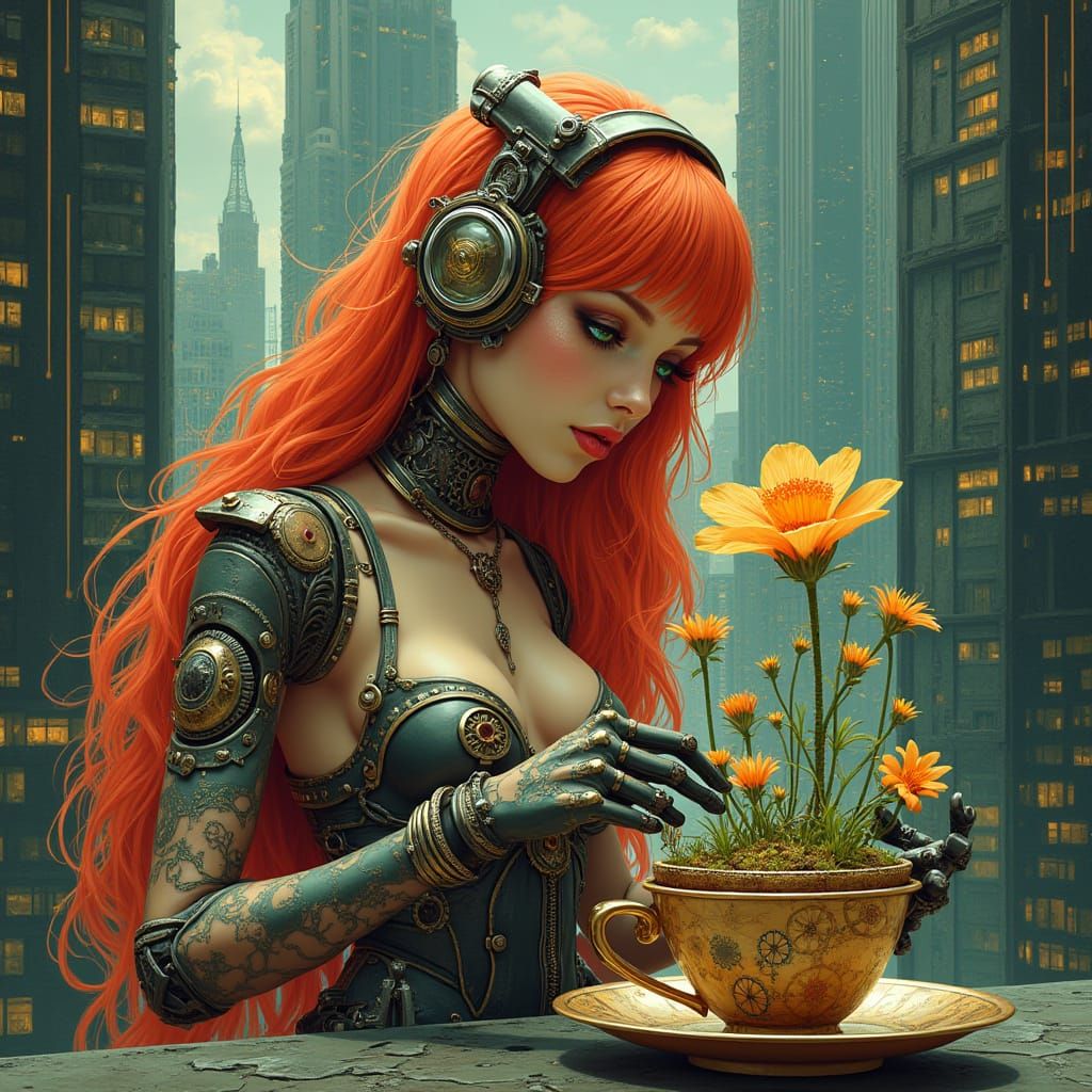 Dieselpunk Android Garden in Art Nouveau City
