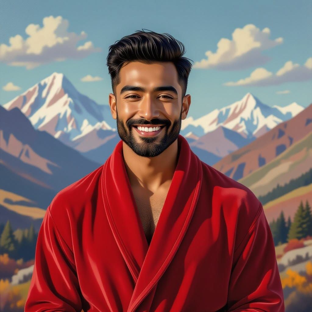 Man in Velvet Robe on Mountain: Gouache Watercolor Masterpie...